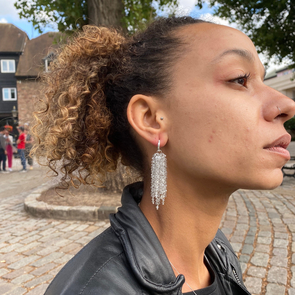 Silver Cascade Beaded Chandelier Earrings