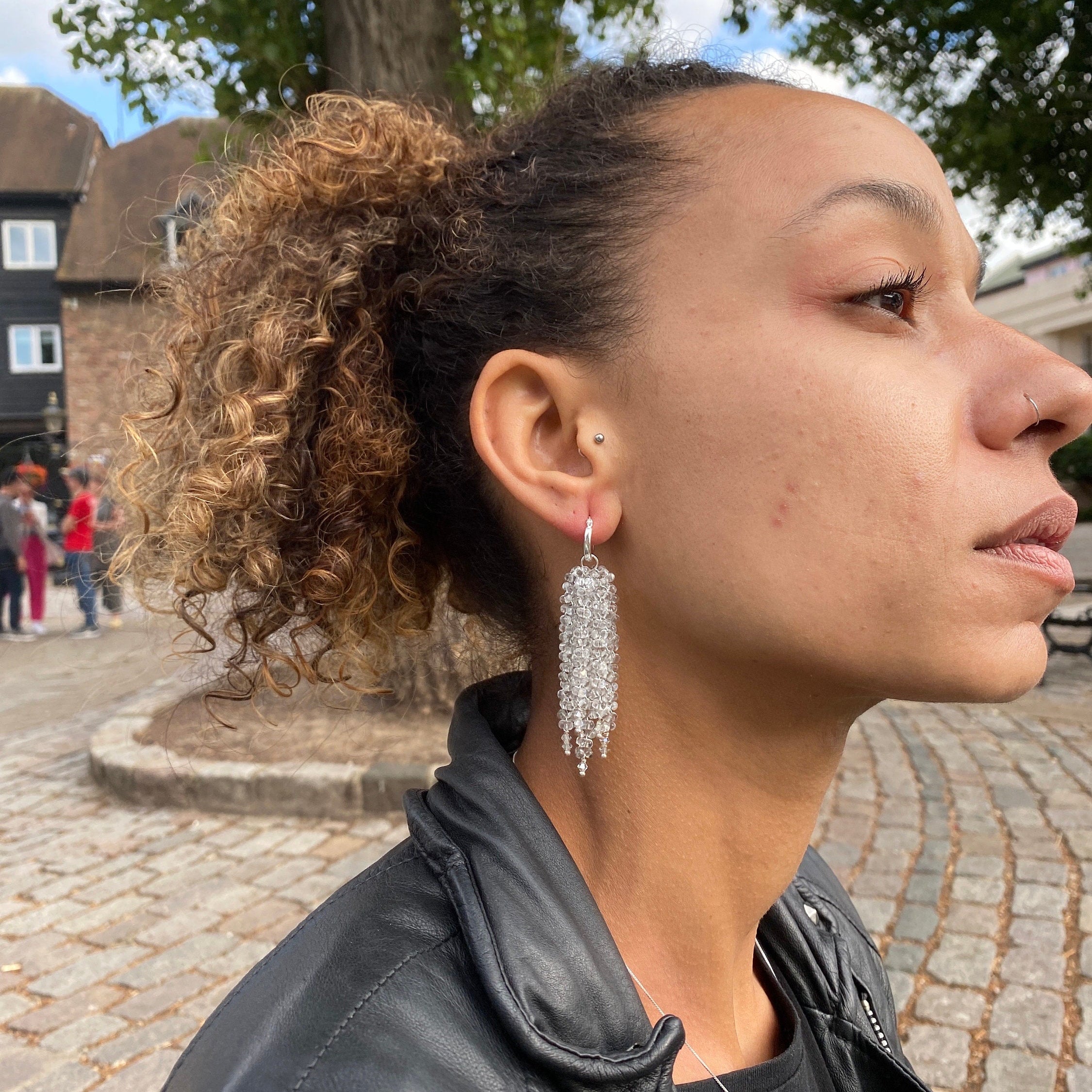 Silver Cascade Beaded Chandelier Earrings