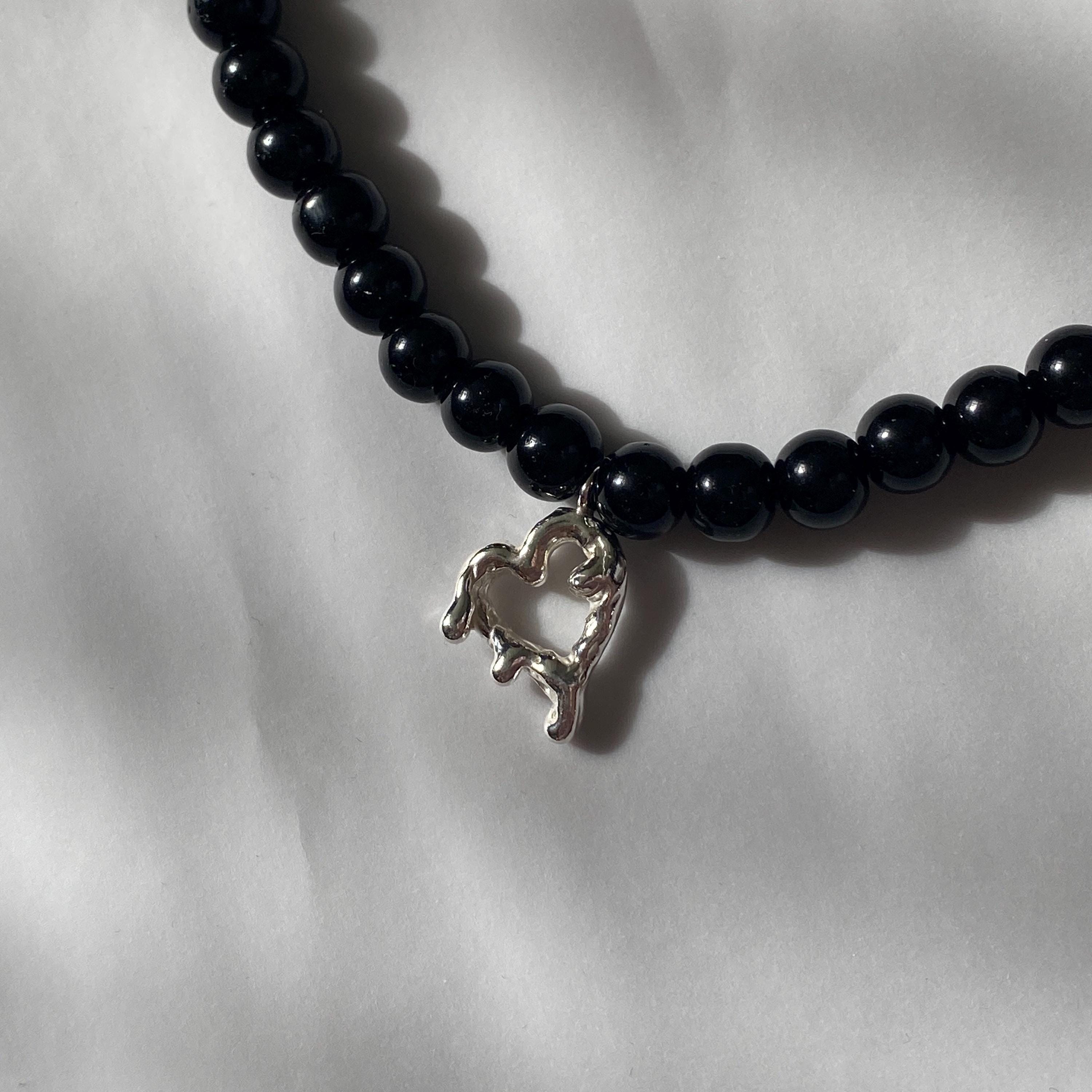 Silver Melting Heart & Black Agate Beaded Necklace