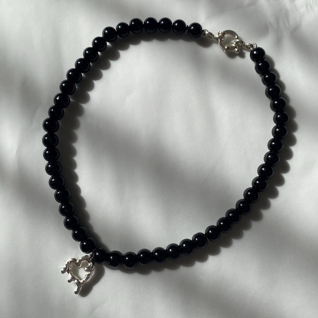 Silver Melting Heart & Black Agate Beaded Necklace