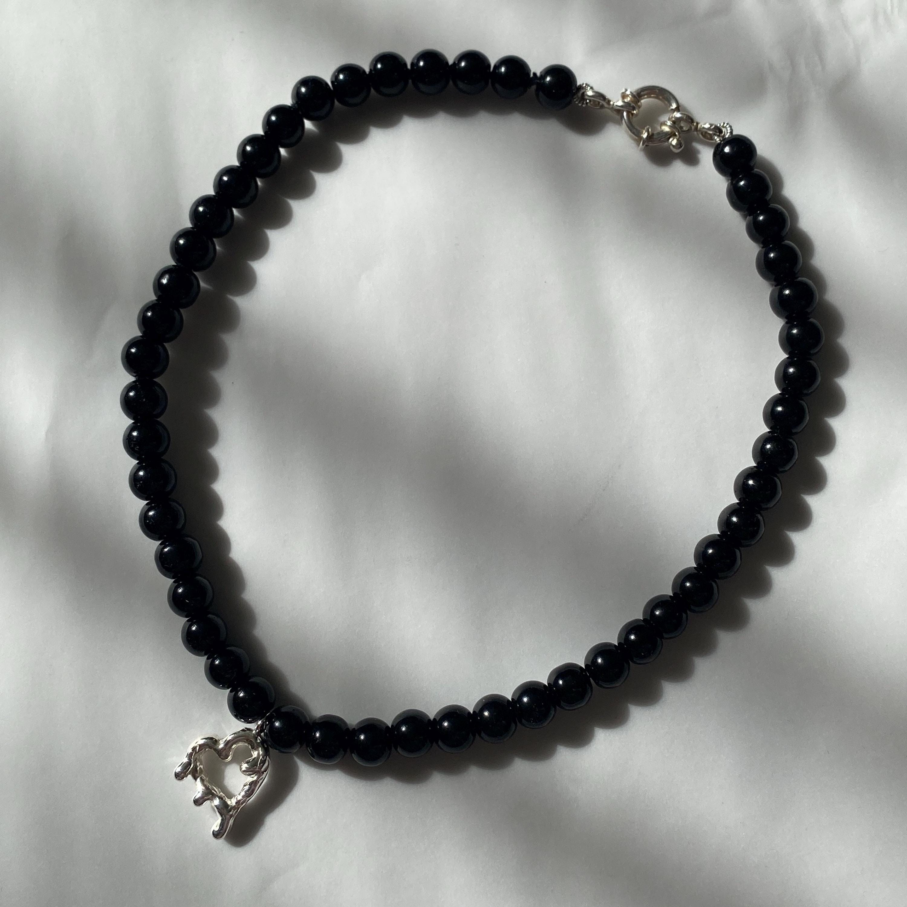 Silver Melting Heart & Black Agate Beaded Necklace