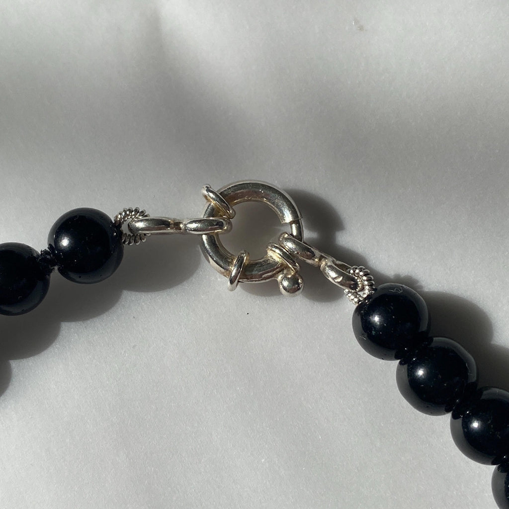 Silver Melting Heart & Black Agate Beaded Necklace