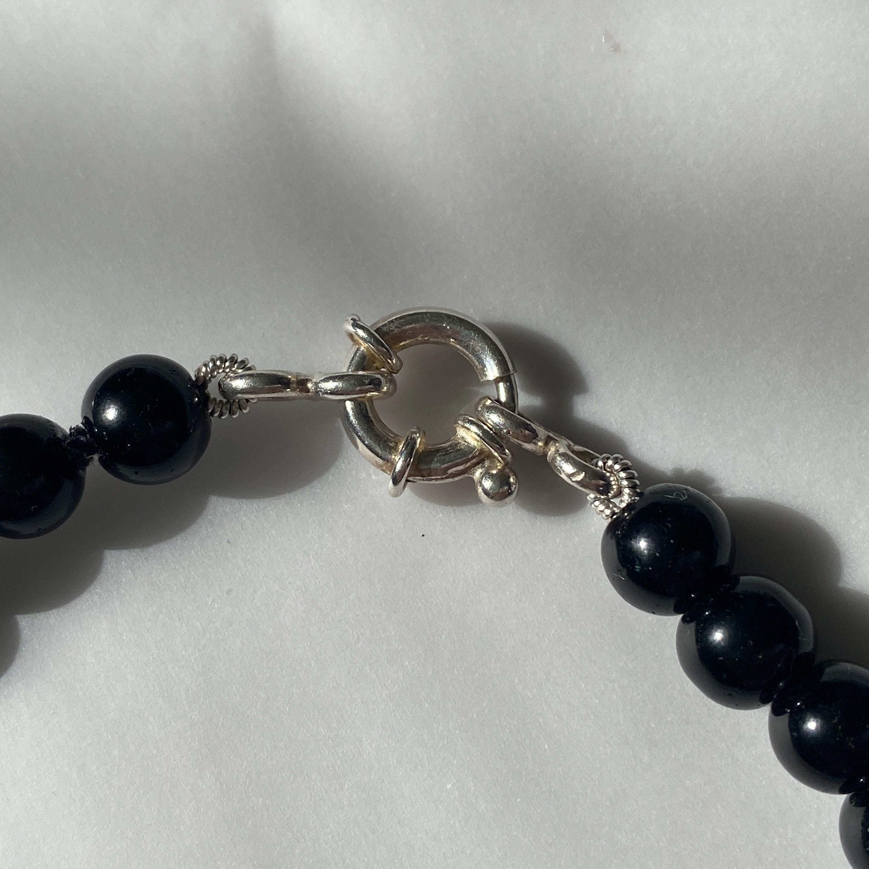 Silver Melting Heart & Black Agate Beaded Necklace