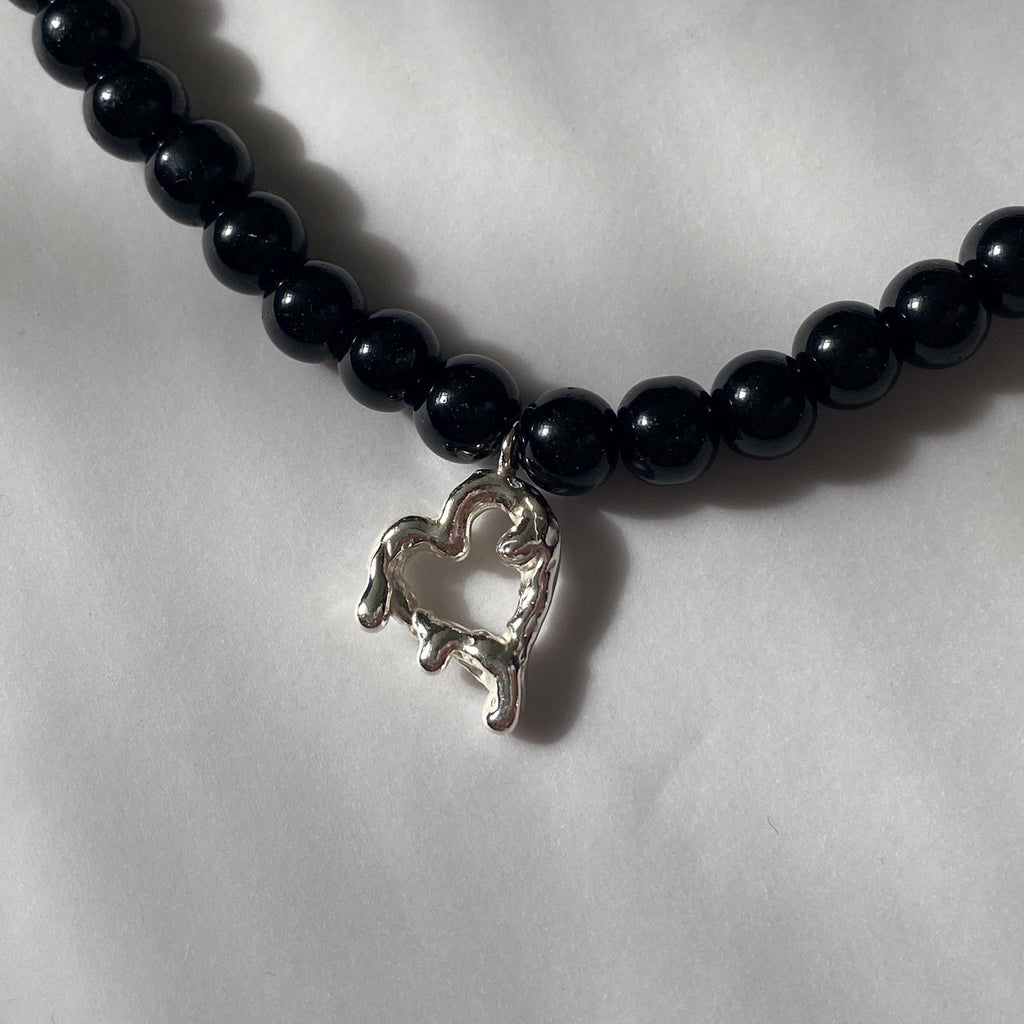 Silver Melting Heart & Black Agate Beaded Necklace