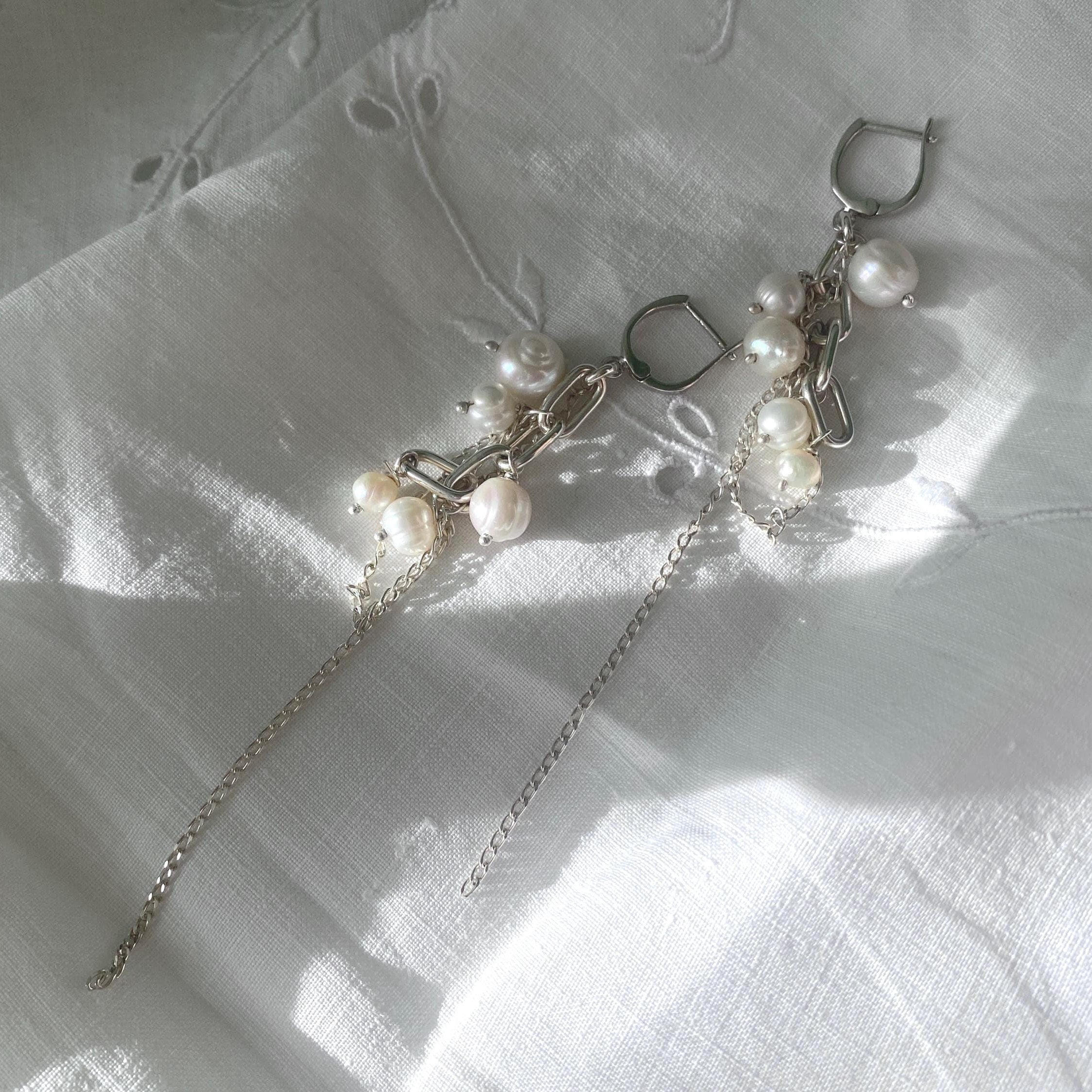 Sterling Silver Pearl Chain Earrings