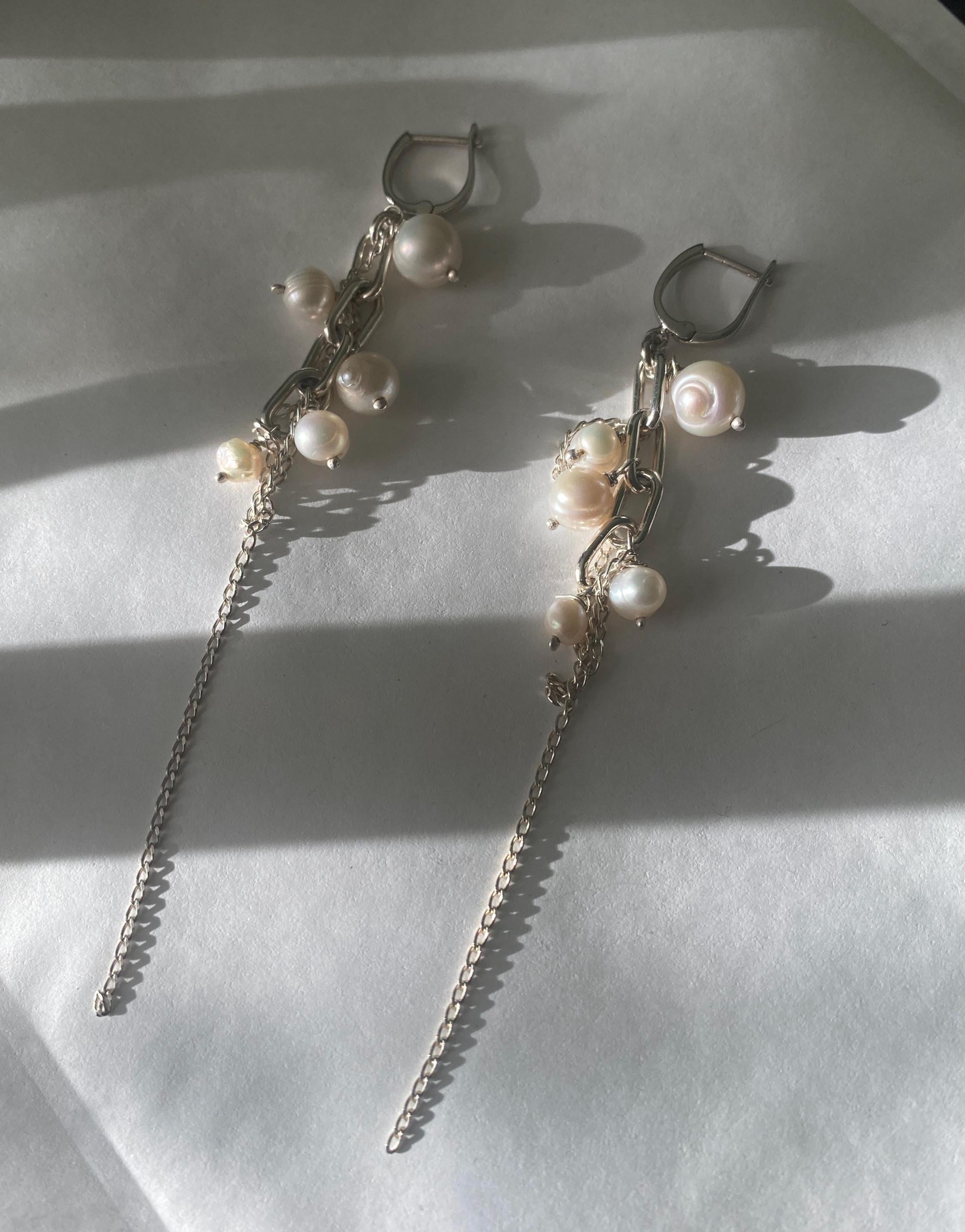 Sterling Silver Pearl Chain Earrings