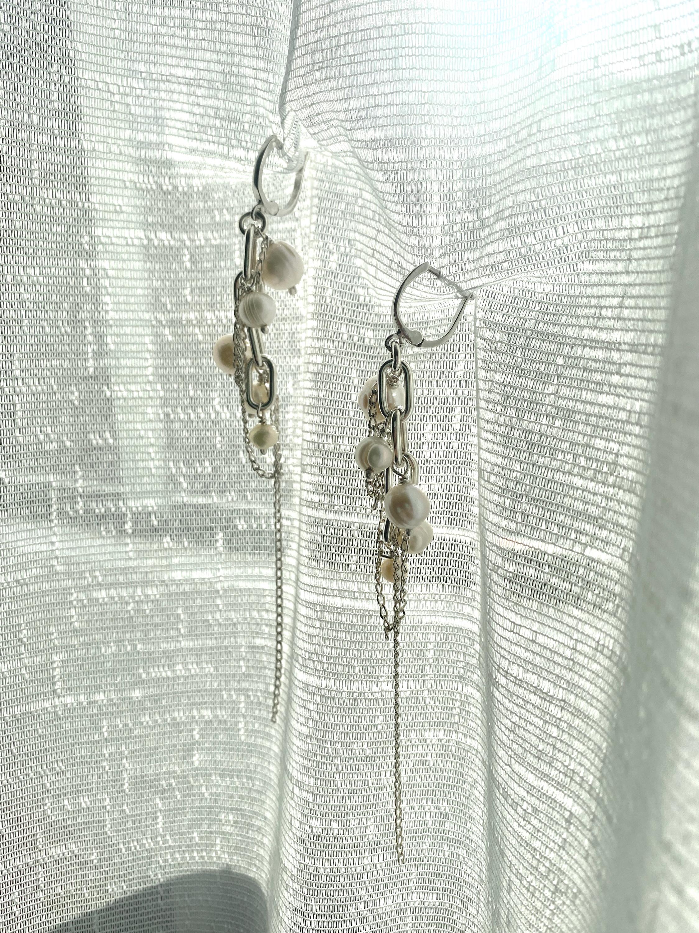 Sterling Silver Pearl Chain Earrings