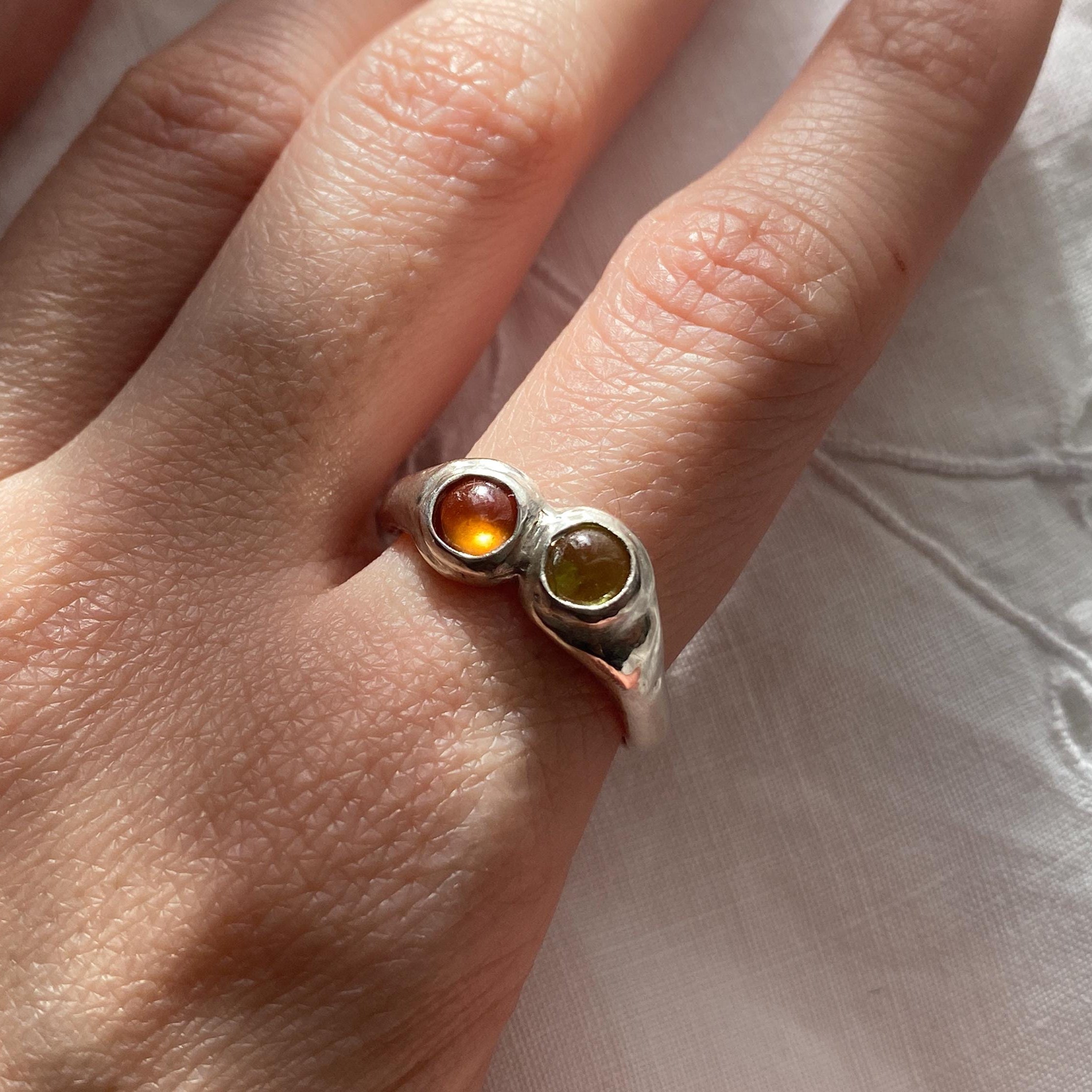 Two Stone Ring - Amber & Peridot US 7/UK N1/2